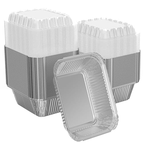 iHomeSet 25 Pack 1 lb Rectangular Disposable Aluminum Foil Pan 16 oz Take Out Food Containers with Clear Plastic Dome Lids, for Catering, Baking, Roasting Food