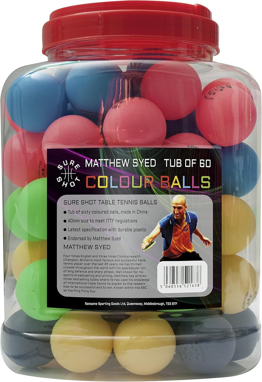 Sure Shot Matthew Syed Ping Pong Balls | 60-Pack Multi-Coloured Table Tennis Balls | 40mm Plastic Training Balls with Storage Barrel | Endorsed by Champion