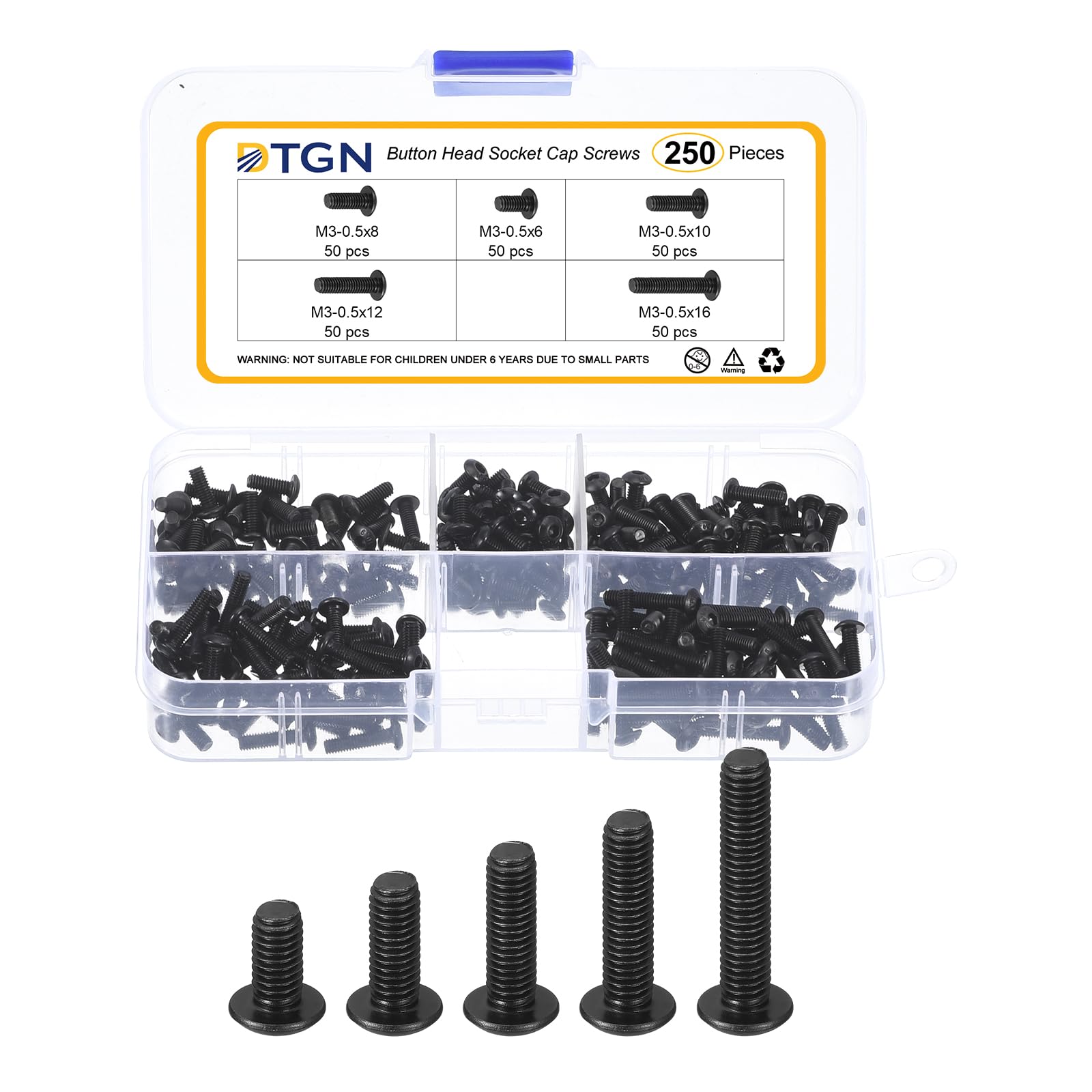 DTGN 250Pcs M3-0.5x6/8/10/12/16mm Button Head Socket Cap Screws - Carbon Steel Bolt Set Assortment Kit - Good for Road Bicycle, Mountain Bike, Auto