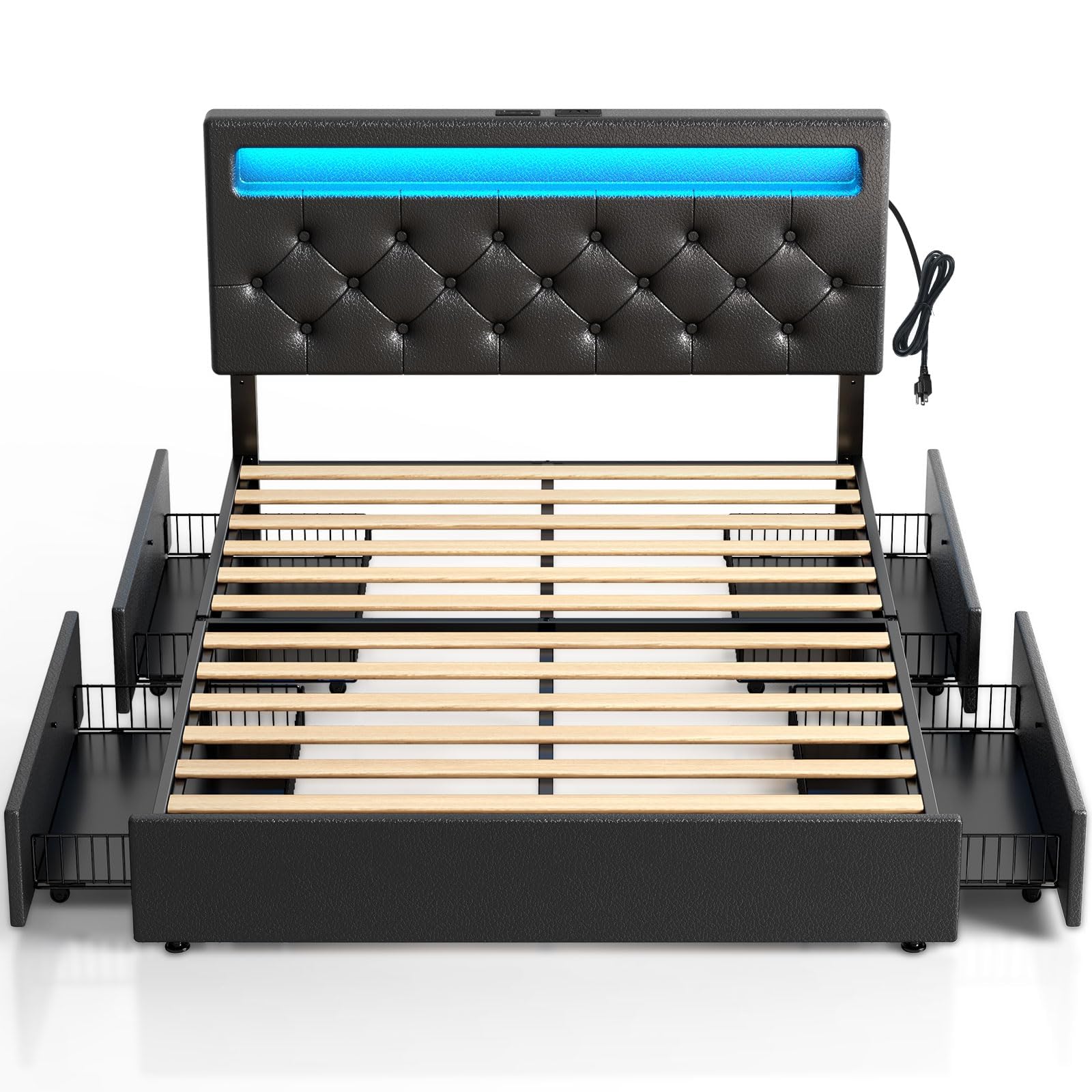 Rolanstar Full Size Bed Frame with 4 Storage Drawers and Charging Station, Full Bed with Led Lights, 2 USB & 1 Type C, Adjustable Headboard 38.9/40.8 Inches, No Box Spring Needed, Black