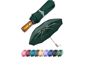 RAINTREND PREMIUM UMBRELLAS for Rain Windproof Travel Dark Green Umbrella - Large Double Canopy but Compact Folding Portable - Automatic Strong Wind Resistant Construction - Womens Mens Umbrella for Backpack