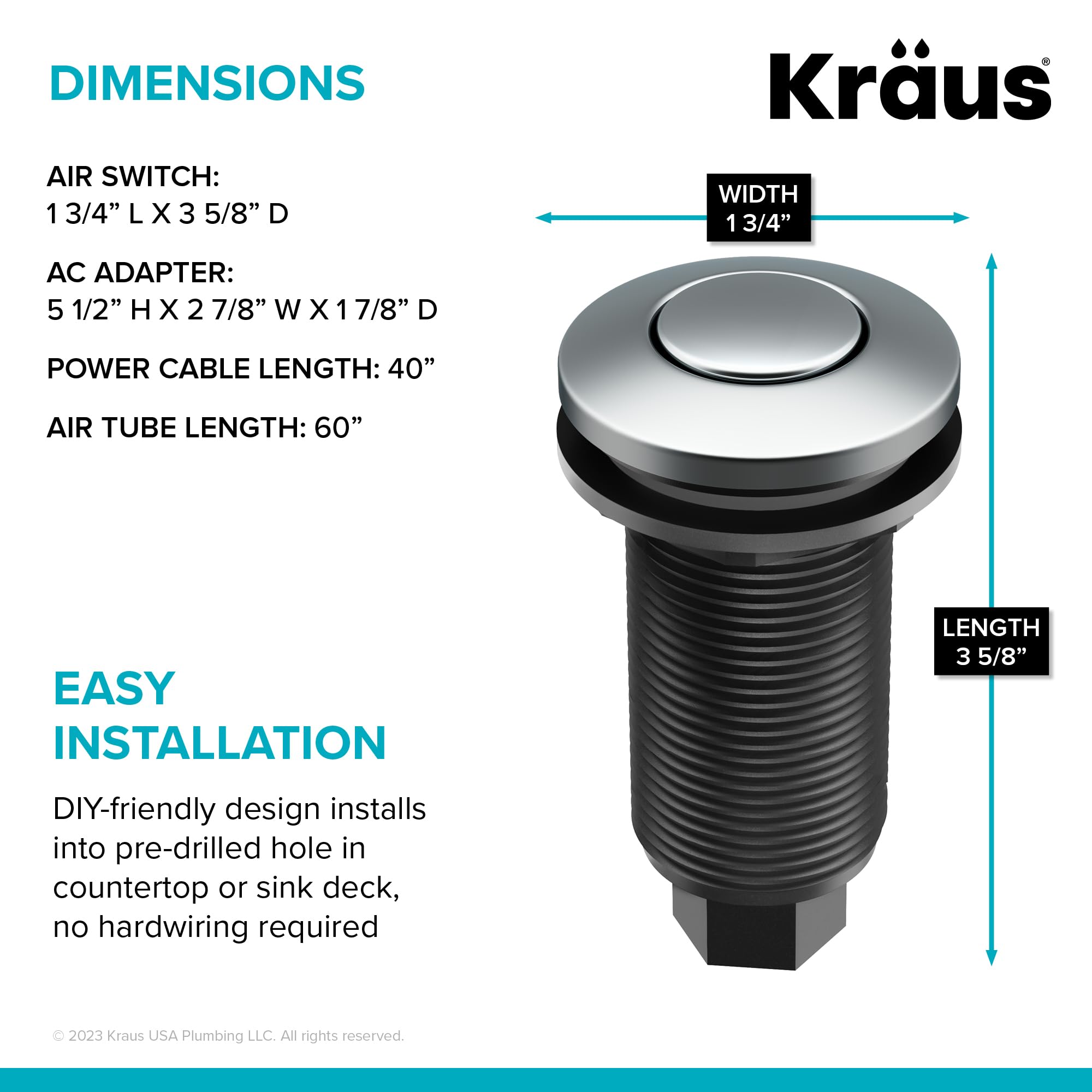 KRAUS Garbage Disposal Air Switch Kit in Chrome with Push Button, AC Adapter, Power Cord, and Air Tube Included, KWDA-100CH