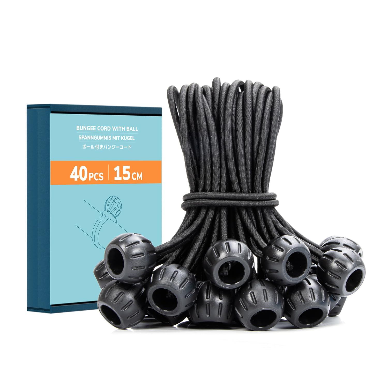 Abma Cord Bungee Cords with Balls 40Pcs x 15cm Bungee Ties with Ball Heavy Duty Tarpaulin Ball Bungee for Tarpaulin, Tent, Banners and Fixing - Black