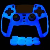 HLRAO Glow in The Dark PS5 Controller Skin,Blue Anti Slip Soft Thicked Studded Silicone Cover Skins Compatible with PS5 Controller,Include 8 PCS Blue Thumb Grips Glow and 2 Cat Paw Grips Accessories.