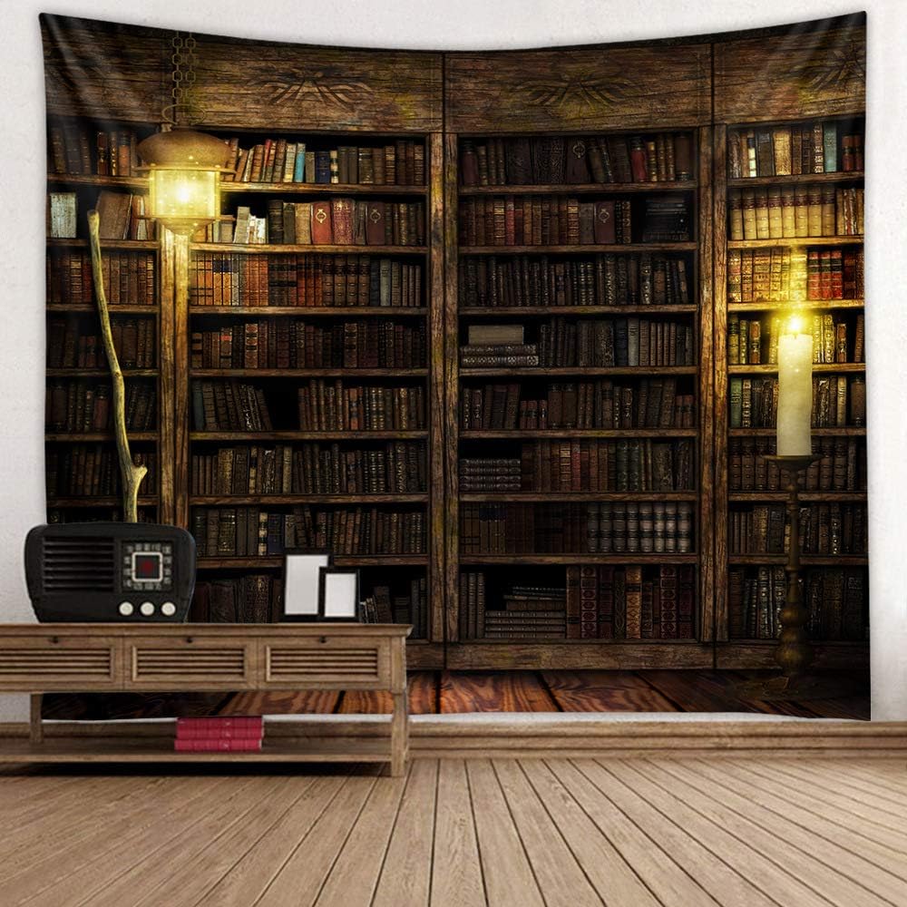 Tapestries - Vintage Bookshelf Tapestry Wall Hanging - Study Room Picture Art Tapestry Retro Bookshelf Wall Art Library Bohemian Hippie Wall Tapestries Bedroom College Dorm Decor XL
