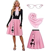 APRROOT Women's 50s Poodle Skirts Outfits 2025 Adult Halloween Costumes with Scarf Glasses Vintage Skirts 3 Pcs Set