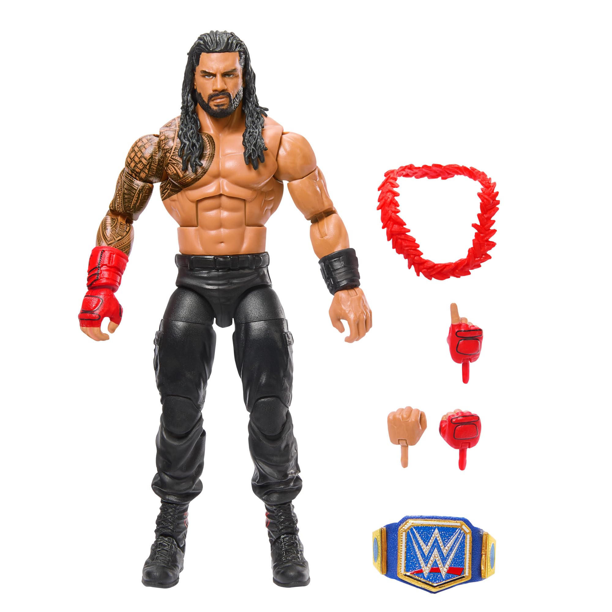 WWE Top Picks Elite Action Figure & Accessories Set, Roman Reigns 6-inch Collectible with Swappable Hands, Ring Gear & 25 Articulation Points, HWX34