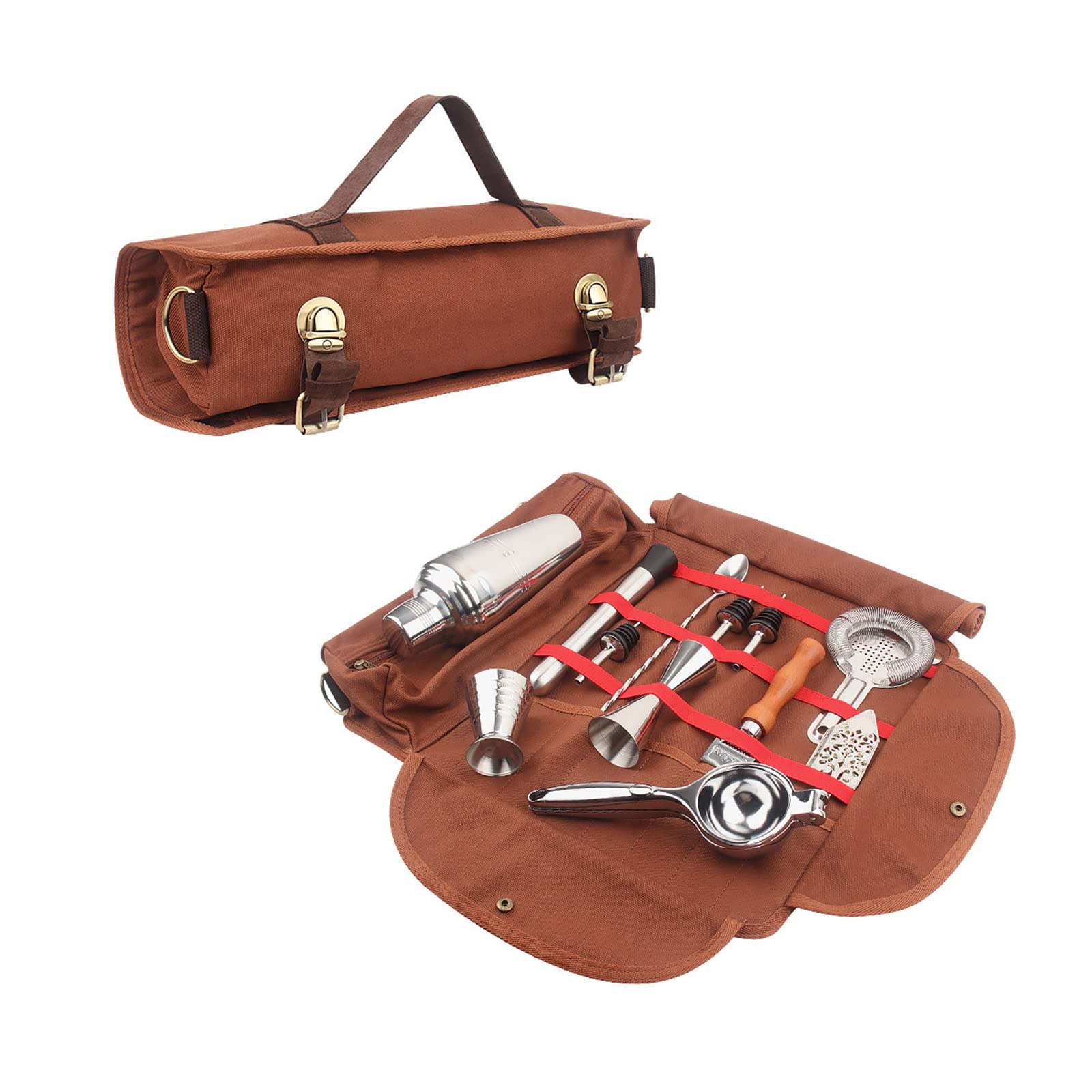 Hosoncovy Bartender Bag Travel Bartender Kit Bag with Shoulder Strap Portable Barware Set Roll Bag for Storage Travelling Camping Picnic Parties Cocktail Making (Empty Bag) (Brown)