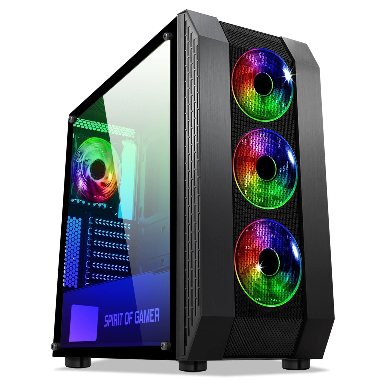 Spirit Of Gamer - ROGUE VI - PC Gamer ATX/mATX/ITX Case - Front Panel and Tempered Glass Wall - 4 LED RGB Addressable 120mm Fans - AURA/MSI MYSTIC/ASROCK 3Pin Compatible