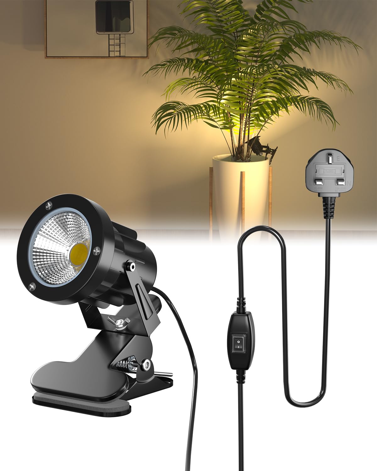 TobeBright Plug in Spot Light Clip On with On/Off Switch IP65 Water Resistant Plant Uplighters Indoor and Outdoor 7W LED Clamp Spotlight Mains Powered, Warm White 3000K, 1.78m Cord
