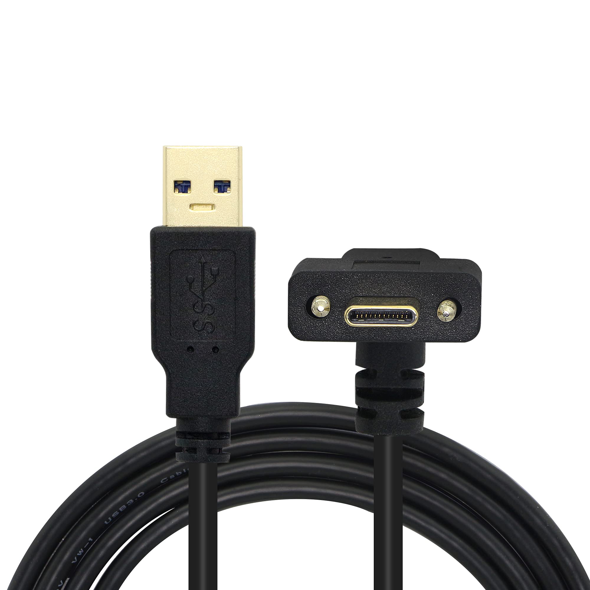 GINTOOYUN 90 Degree USB Type-C Panel Mount Cable 6.56FT Dual Screw Locking USB3.0 Type-A Male to Type-C Male Cable for Industrial Panels, Cameras, Mobile Phones, etc(6.56)