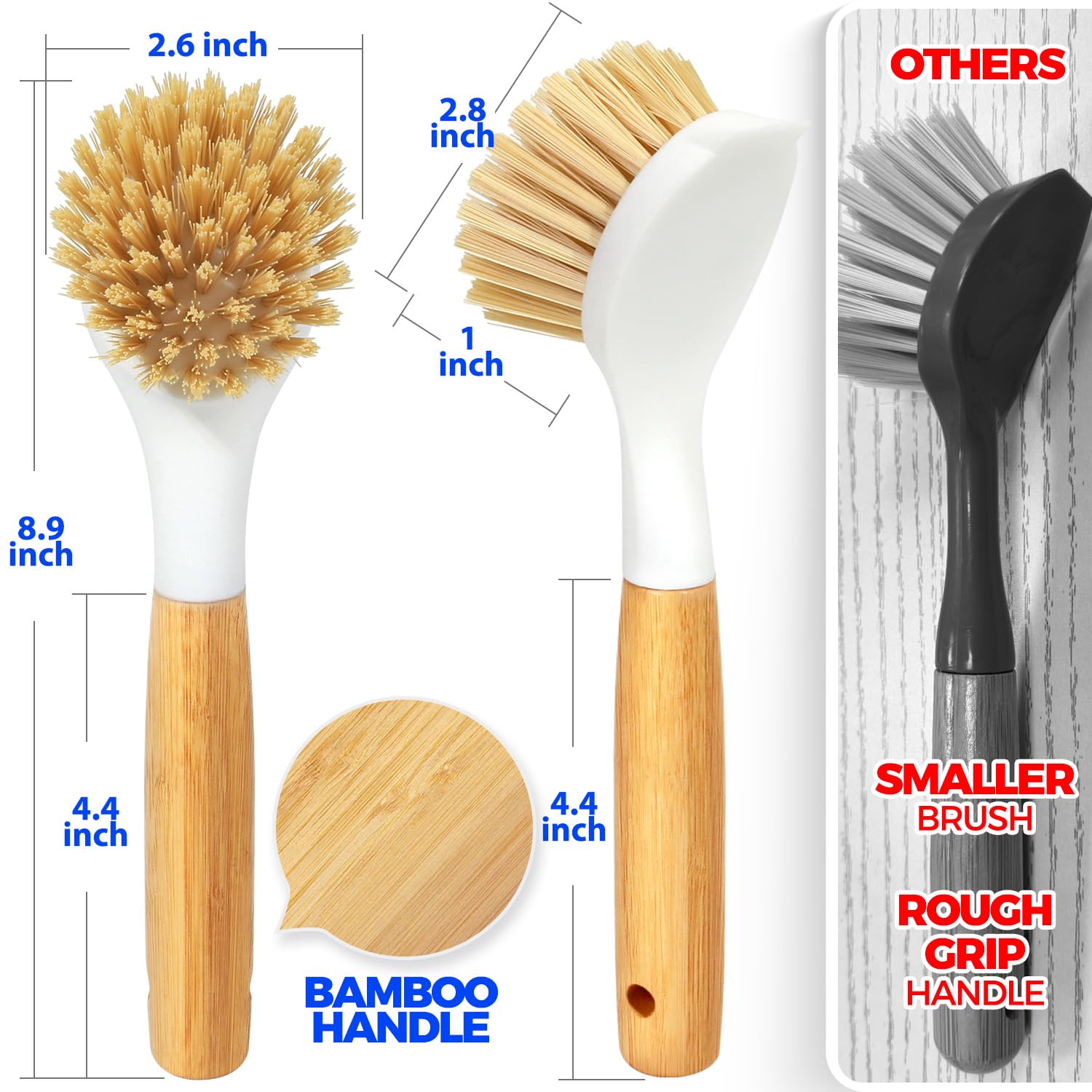 Holikme 3 Pack Dish Brush Set with Bamboo Handle, Kitchen Brushes for Cleaning Pot, Sink and Stove, Skillet Scrubber with Tough Bristles for Cast Iron Grill Pan, Yellow White Black