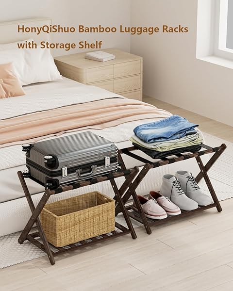 HONYQISHUO LUGGAGE RACK FOR GUEST ROOM, FOLDING SUITCASE STAND WITH STORAGE SHELF 5 NYLON STRAPS FOLDABLE FOR EASY STORAGE BAMBOO STAND HOLDER SHELF FOR BEDROOM LIVING ROOM HOTEL ESSENTIALS BROWN