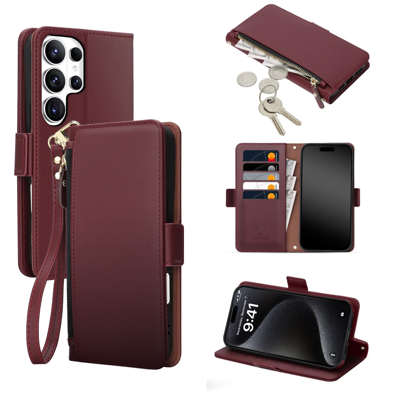 COBEAR for Samsung Galaxy S26 Ultra Case Wallet, Pu Leather Flip Phone Case with Wrist Strap, Zipper Pocket, Kickstand, Women Men Phone Wallet Case with Card Holder for Samsumg S26 Ultra,Wine Red