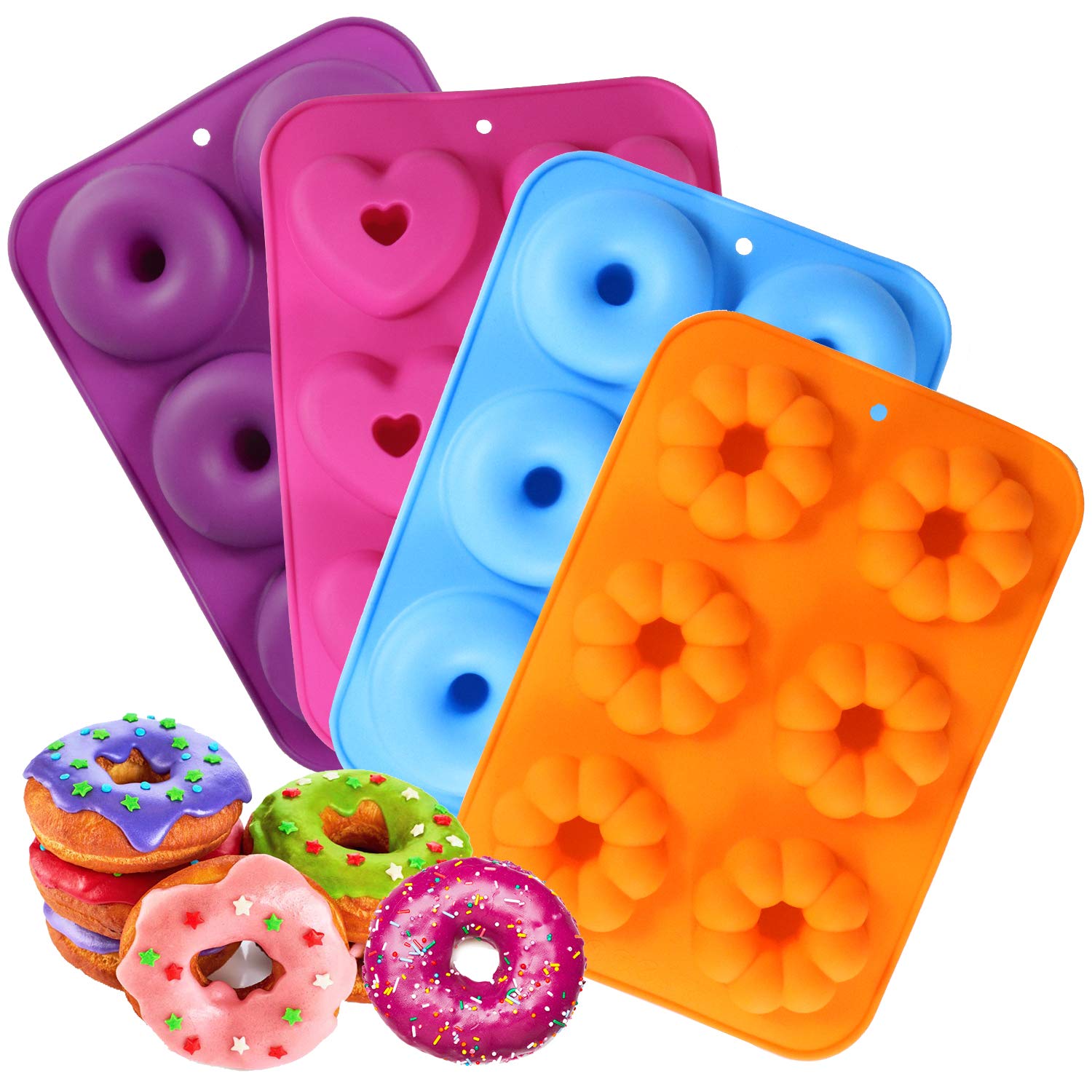 DMAIPUK Silicone Donut Molds, 4 Pack Silicone Doughnut Mould, Heat Resistant Up to 450°F, 6 Cavity Non-Stick Safe Silicone Donut Baking Pan for Cake Biscuit Candy Bagels Muffins