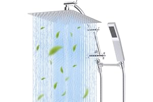 Hibbent All Metal 12'' Rainfall Shower Head, Square Shower Head Combo, High Pressure Handheld Shower Wand, 16'' Adjustable Arc-shaped Shower Extension Arm, 71'' Hose, 2 Showerhead Holders, Chrome