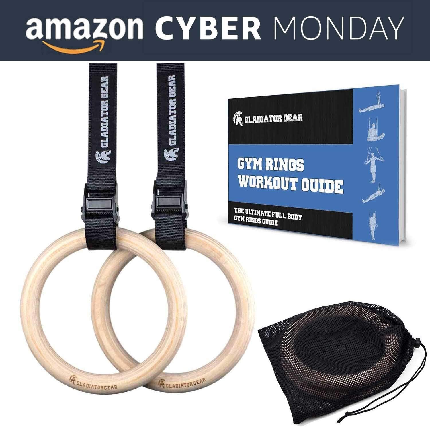 Gladiator Gear Wooden Gymnastic Rings with Bonus Workout E-Guide | Premium Olympic 'FIG' Size Gym Rings (28mm) | Fully Adjustable Strong Straps | Holds 550lb | for Gymnastics