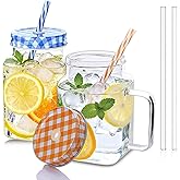 Elitrivox Mason Jar Cups, 17oz Mason Jar with Handle, Mason jar Drinking Glasses with Lids and Straws, Glass Bottle Mugs for Smoothies Juice Cold Drinks Beverages, Set of 2