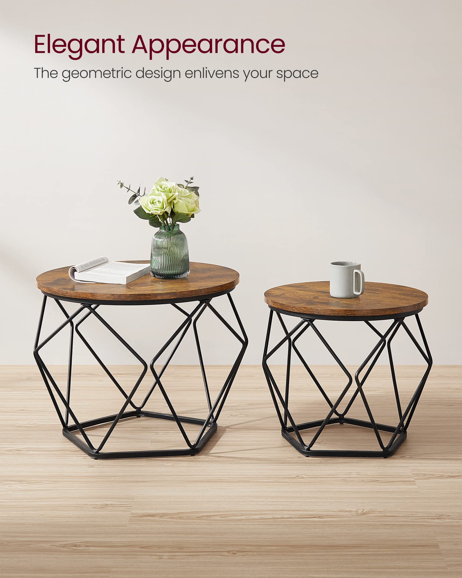 VASAGLE Small Coffee Table Set of 2, Round Coffee Table with Steel Frame, Side End Table for Living Room, Bedroom, Office, Rustic Brown and Ink Black