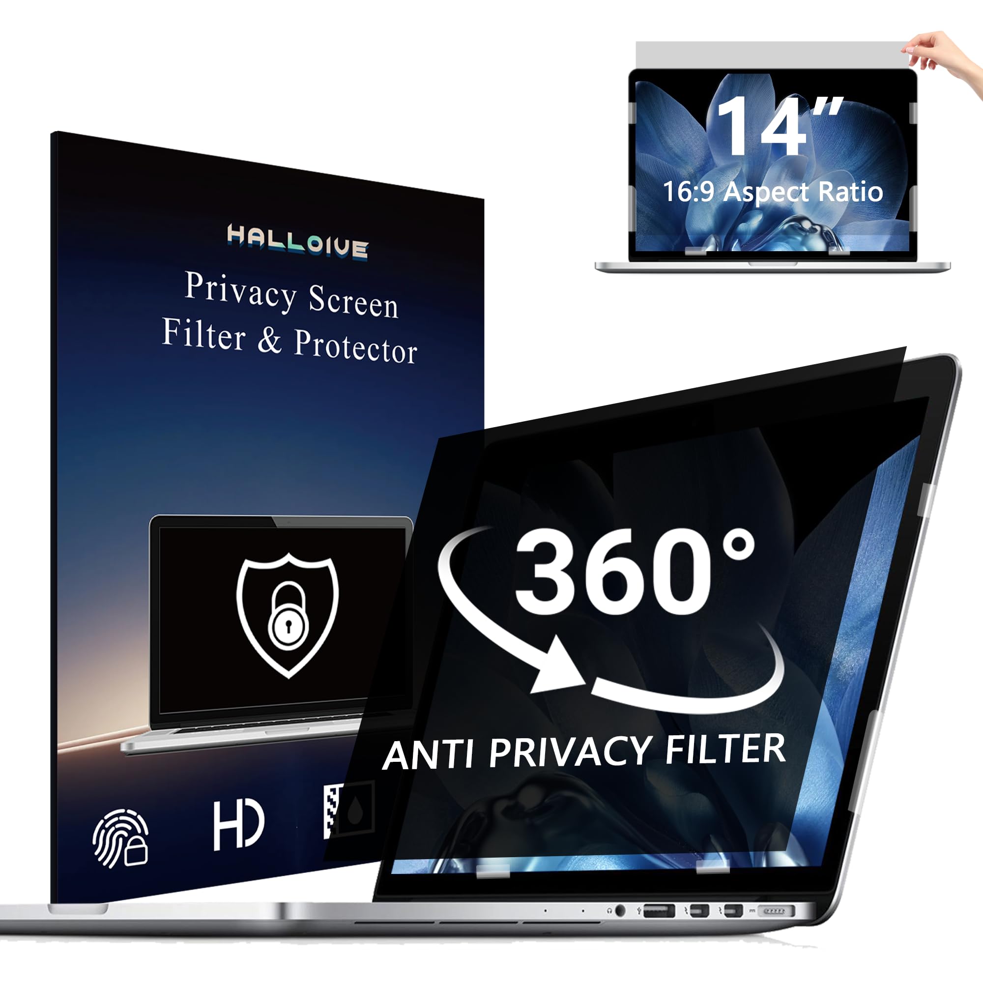 Photo 1 of 4-Way Laptop Privacy Screen Shield 14 Inch, Removable 16:9 Aspect 360° Privacy Filter Screen Protector for 14 Inch Laptop Computer, Anti Glare Blue Light Slide Mount Tabs Cover for Generic Laptop