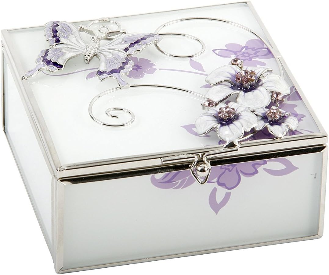Glass Square Trinket Box Purple Butterfly Flowers and Diamantes