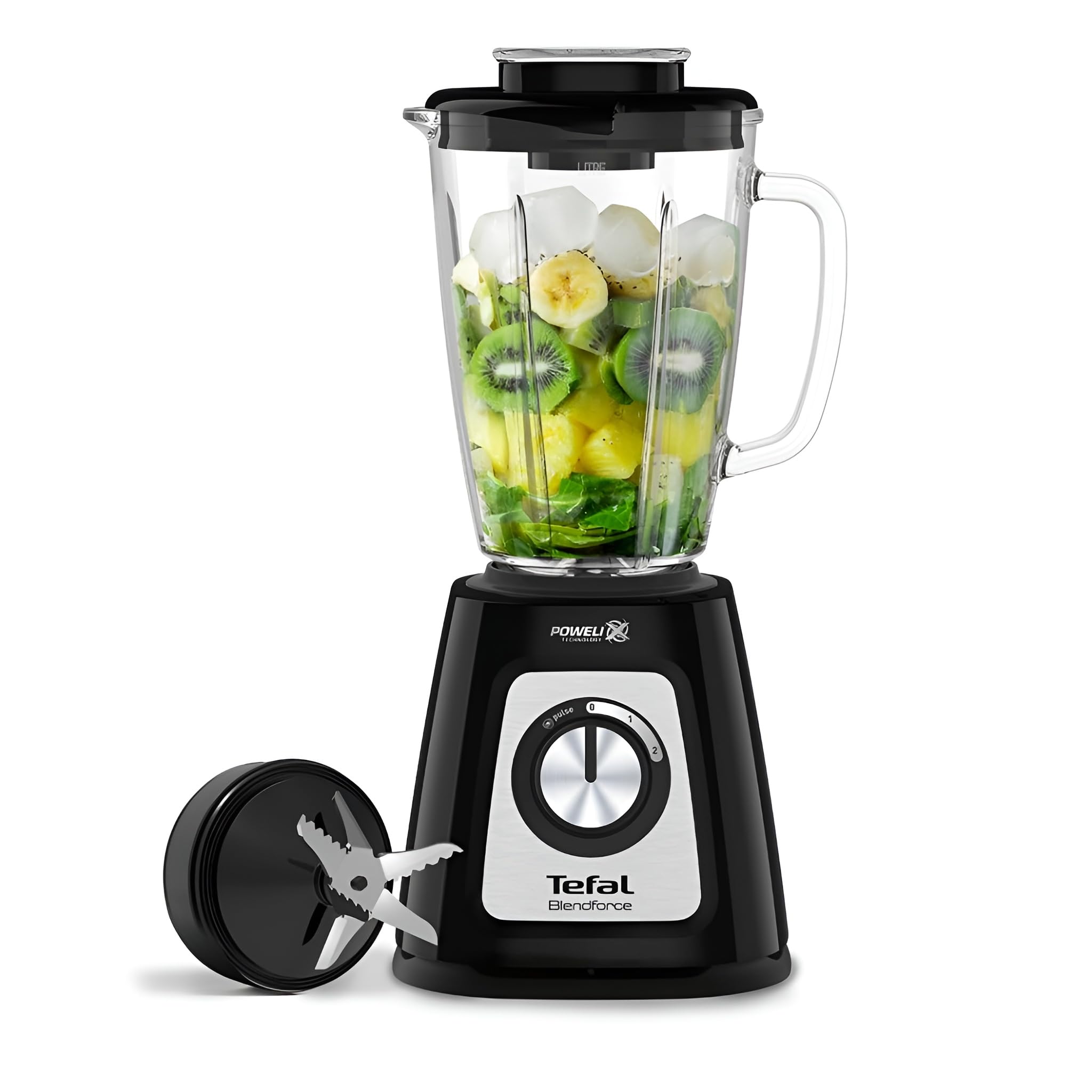 Tefal Blendforce II Blender, 2L Glass Jug, 1.25L Effective Capacity, 800W, 4 Removable Powelix Blades, Smoothie Blender, Ice Crush, 2 Speeds + Pulse, Black, BL435840
