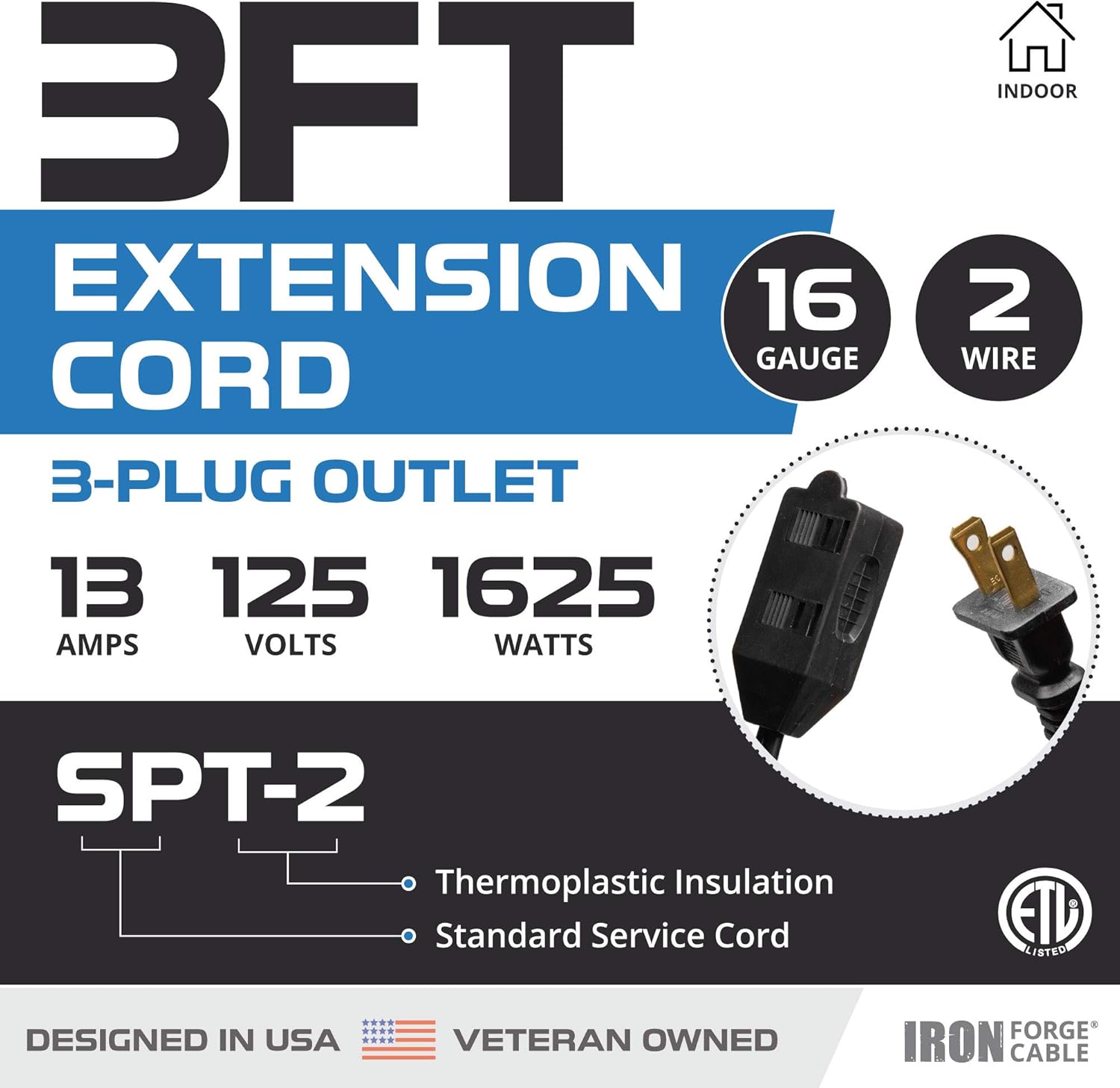3 Ft Black Extension Cord 2 Pack - 16/2 Durable Electrical Cable - - 