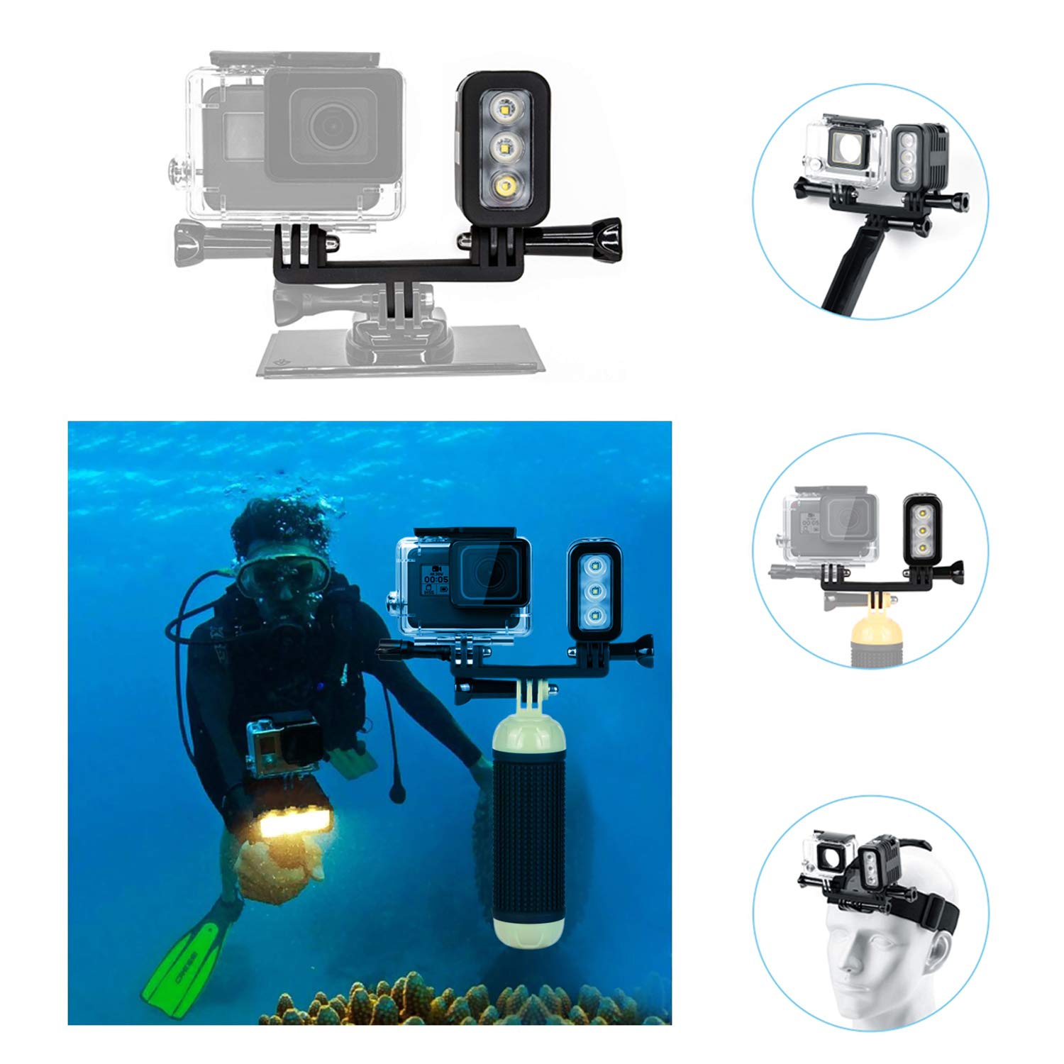 HONGDAK Waterproof Dive Light for GoPro Video Light Rechargeable Fill Night Light Underwater Photography Accessories for GoPro Hero Black 12 11 10 9 8 7 6 5 4 3 3+