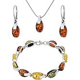 AMBEDORA Large Women's Jewellery Set Amber 015M, Polished Sterling Silver, Colourful Baltic Amber, Silver Bracelet, Pendant on Chain and Earrings