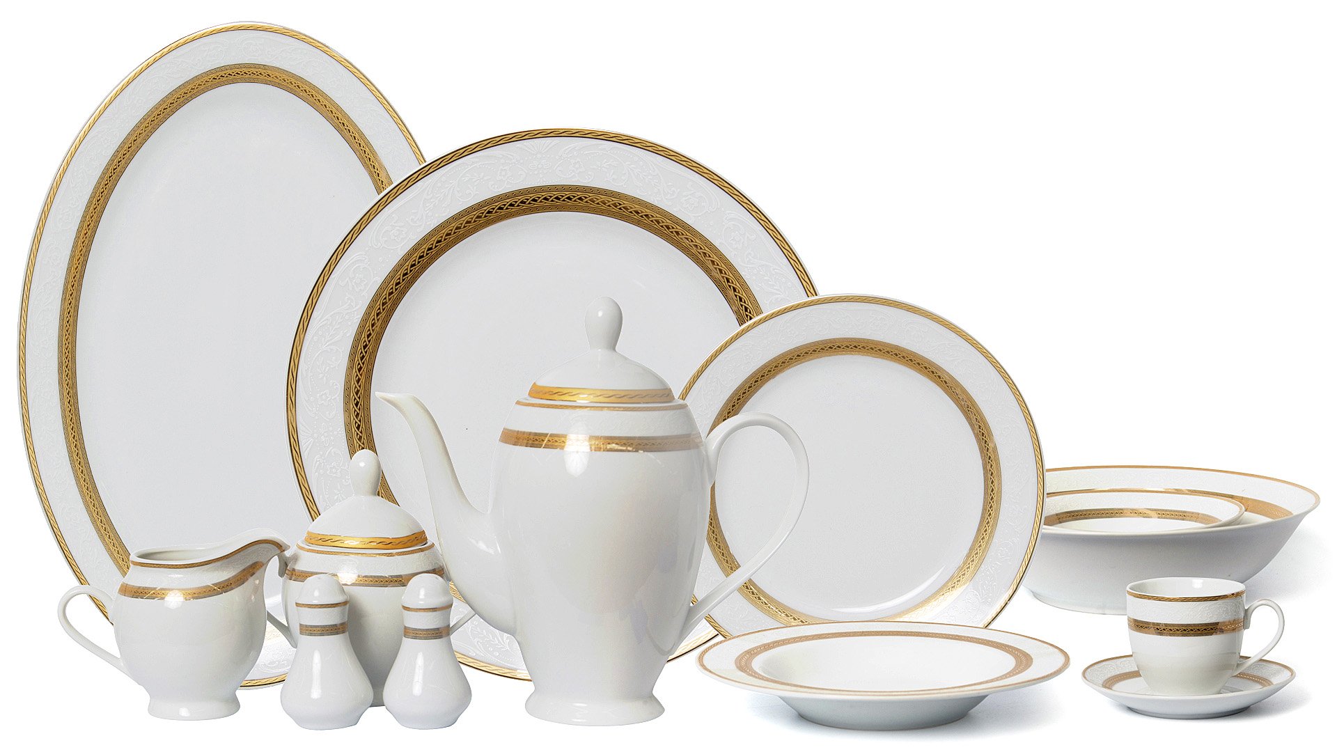 Euro Porcelain 57pc Dinnerware Set /'Greek Key Silver/' 24K Banquet