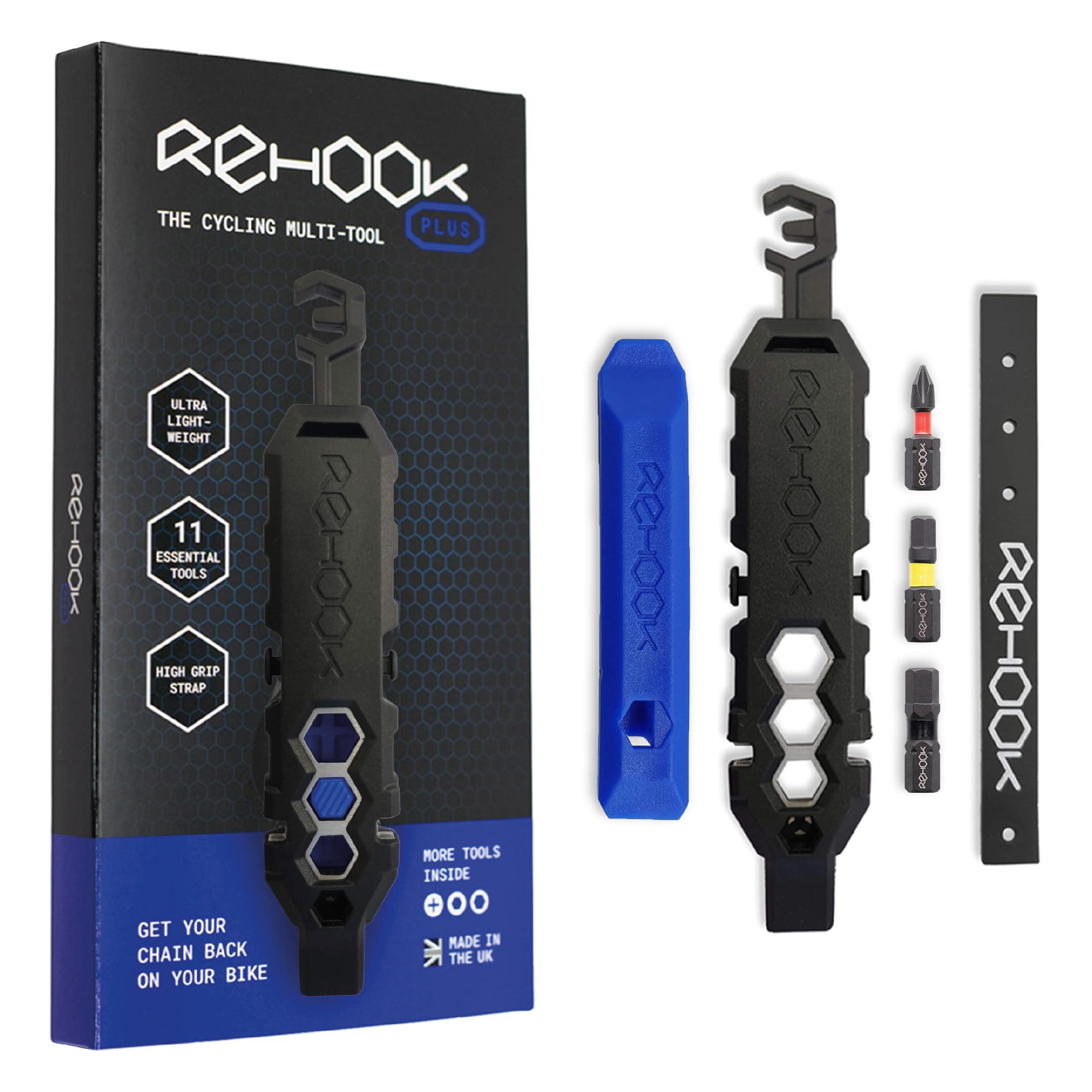 Rehook Plus - Lightweight Bike Multi-Tool for Cyclists. Includes Tyre Levers, Spoke Keys, Chain Tool Head, Wrench, Hex, Screwdriver