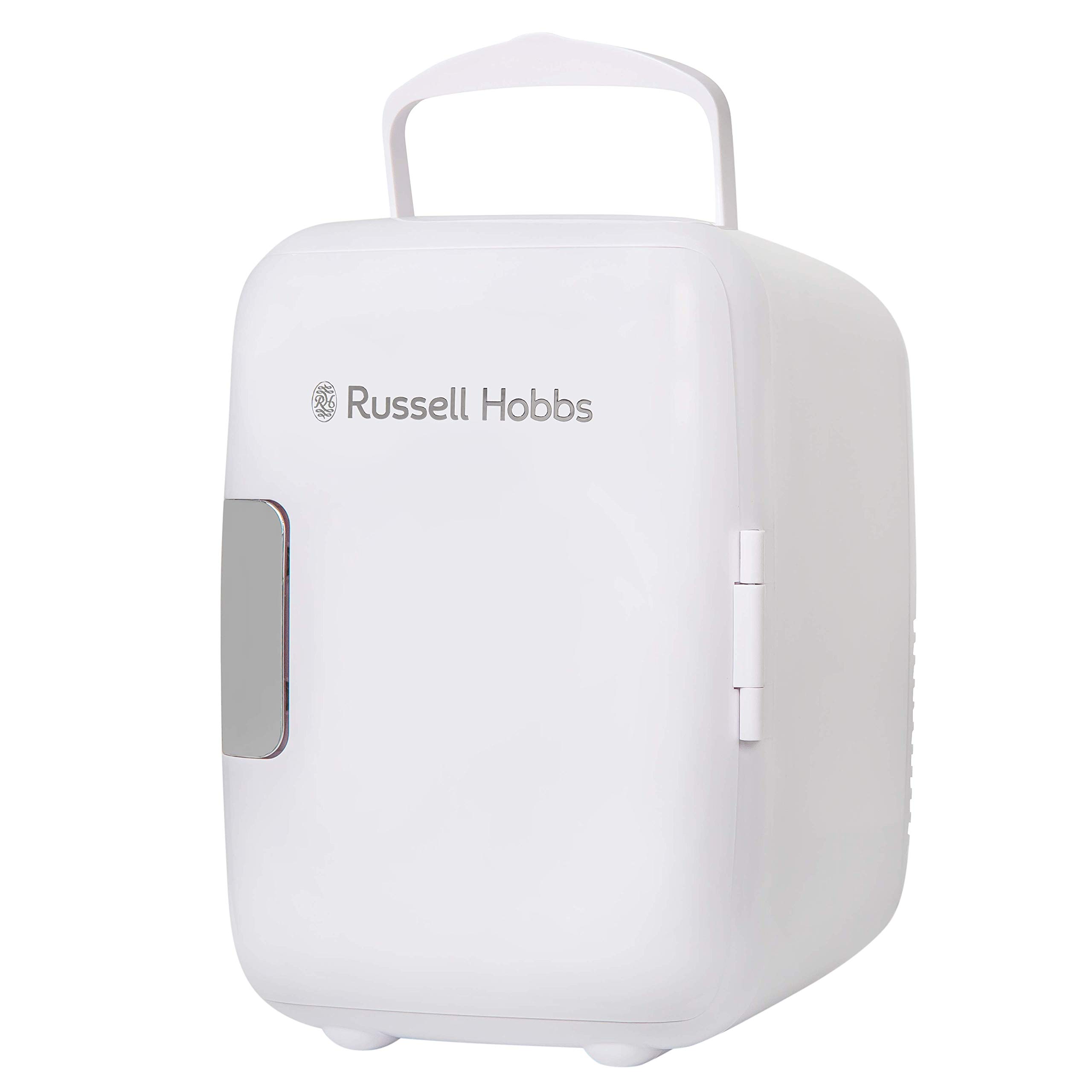 Russell Hobbs RH4CLR1001 4L/6 Can Portable Mini Cooler & Warmer for Drinks, Cosmetics/Makeup/Skincare, AC/DC Power, Retro Style, White, For Bedroom, Home, Caravan, Car