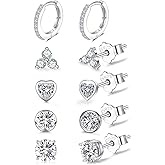 EPIRORA 925 Sterling Silver Studs Earrings Set for Women Men, Hypoallergenic Cubic Zirconia Stud Cartilage Helix Earrings, 5 Pairs Different Sizes Silver Hoop Earring Studs Sets for Multiple Piercing