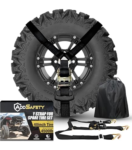 PLOZANO Spare Tire Strap Kit - 2 Inch UTV Tire Tie Downs With Ratchet & 8 Hooks (Over Wheel Mount, Black/Yellow)