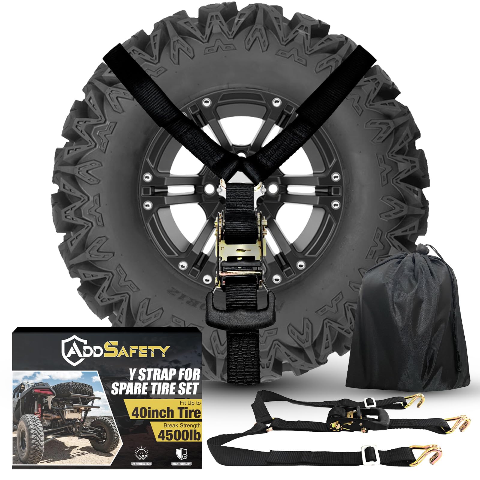 Photo 1 of AddSafety Y Strap for Spare Tire,3 Ratchet Straps Tie Down, Heavy Duty Spare Tire Strap for UTV,Roof Rack Spare Tire Mount,Pickup Trucks, black