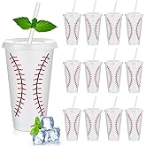 Uiifan 12 Pcs Plastic Baseball Cups Reusable Cute Party Cups with Lids Straws 24 oz Sports Party Gifts for Baseball Game Sport Birthday Decoration Supplies