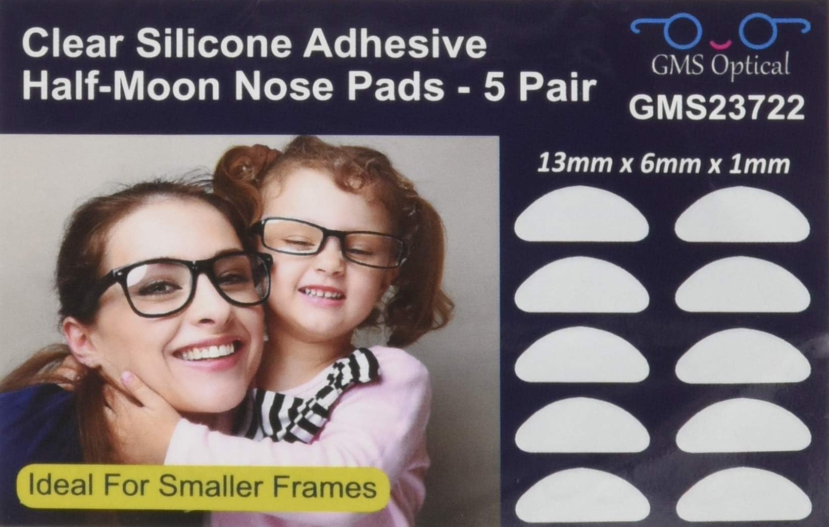 GMS Optical Premium Silicone 3M Adhesive Half Moon Nose Pads 13mm x 6mm - Ideal for Smaller Frames (5 Pair) (Clear)