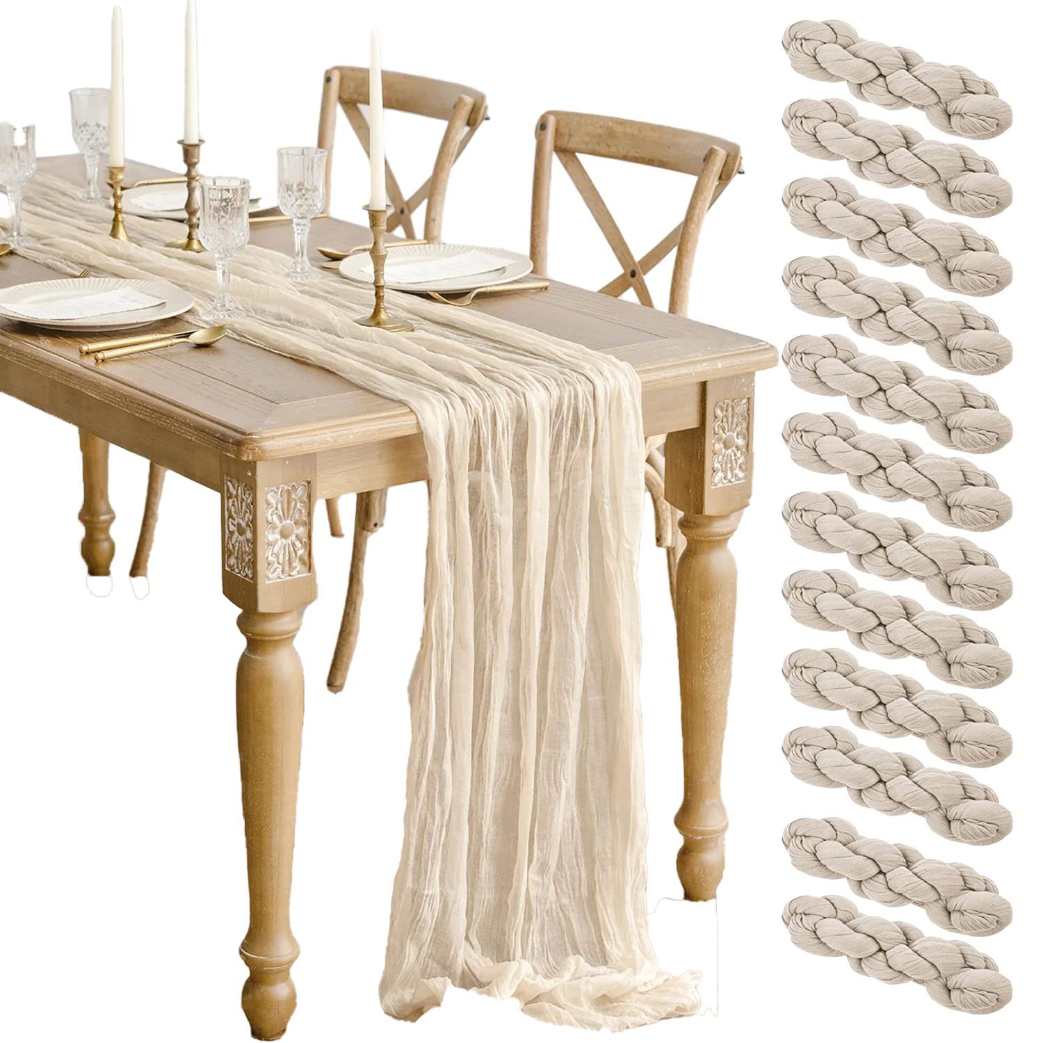 Photo 1 of 12 Pack Beige Cheesecloth Table Runner 10ft Boho Gauze Cheese Cloth Table Runner Rustic Sheer Runner 120 inch Long for Christmas Wedding Bridal Baby Shower Birthday Table Decorations