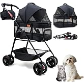 Bicystar 3 in 1 Pet Stroller, Cat Stroller w/Detachable Carrier, Black | one-hand fold, fits small pet, 33 lb max load, pet body length<20'', car seat, 360&deg; breathable mesh, 360 swivel front wheels