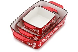 AVLA 3 Pack Ceramic Bakeware Set, Porcelain Rectangular Baking Dish Lasagna Pans for Cooking, Kitchen, Casserole Dishes, Cake Dinner, 12 x 8.5 x 6 Inches of Baking Pans, Banquet and Daily Use, Red