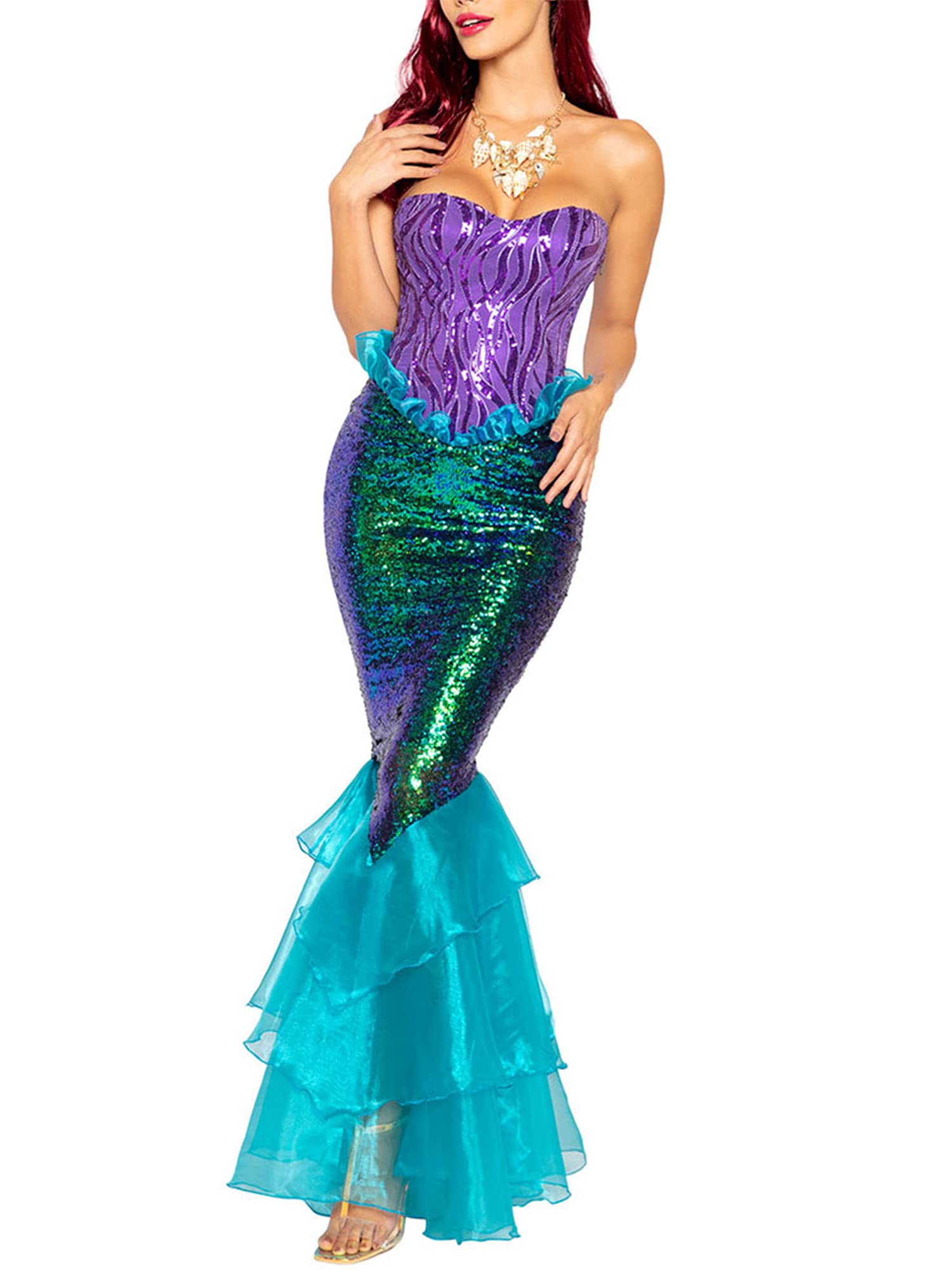 Adult Mermaid Costume Strapless Tube Tops Ruffle Sequin Long Tail Cosplay Fancy Dress Halloween Costumes (A-Blue, L)