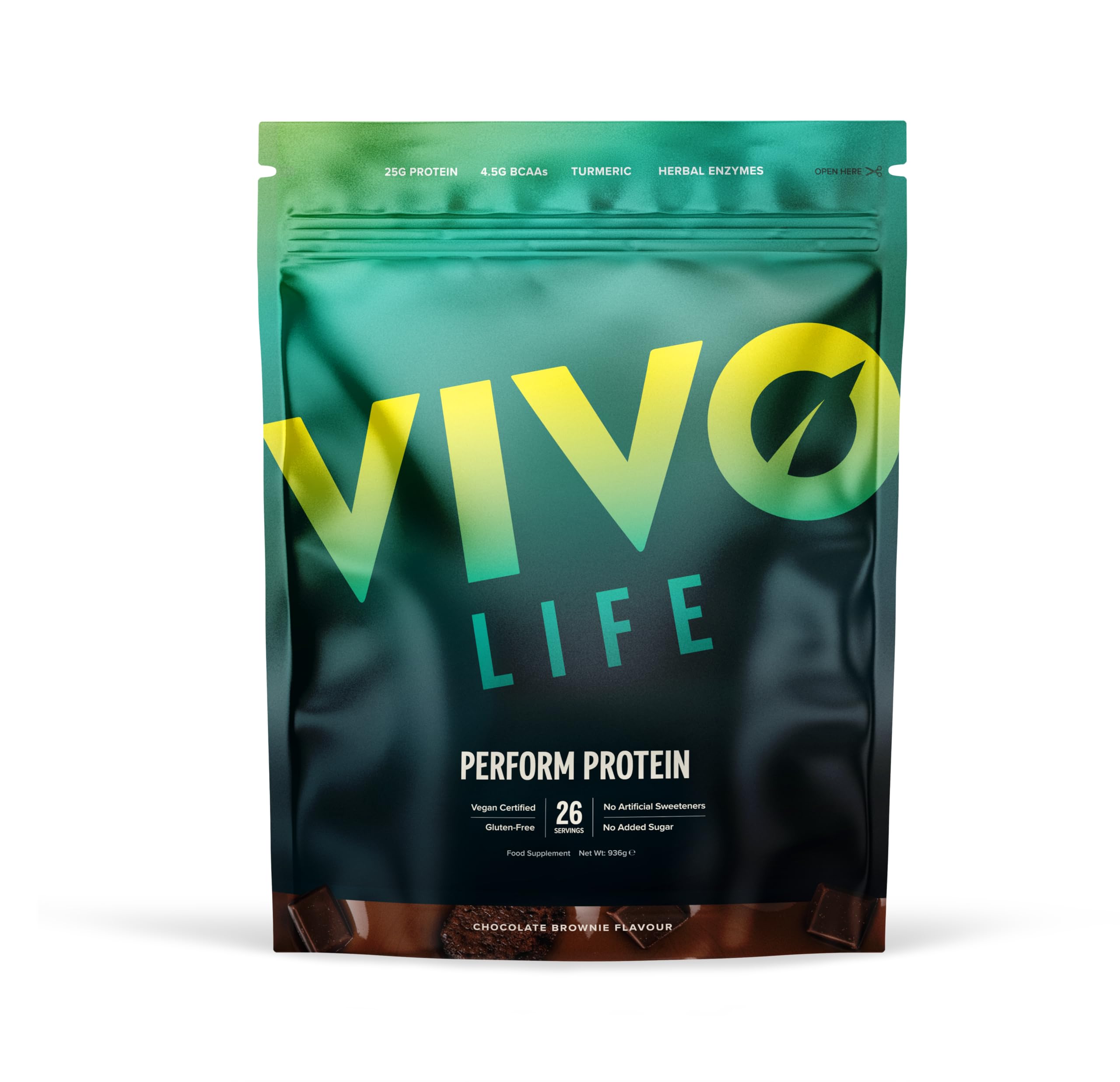Vivo life Perform Plant Protein Powder | 25g Protein with BCAAs, Iron, Zinc, Turmeric & Herbal Enzyme Blend | Lactose Free & Easy to Digest, Plant-Based Nutrition | Chocolate Brownie - 26 Servings