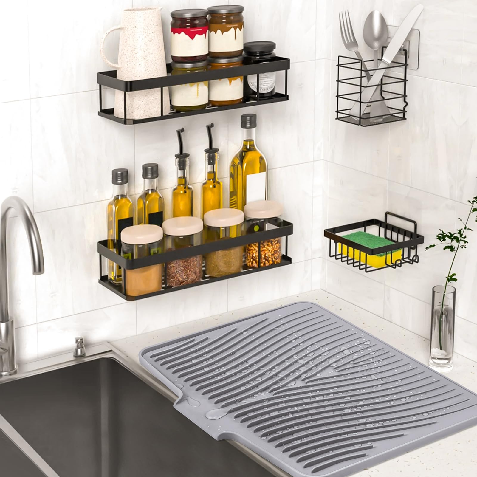 Silicone Dish Drying Mat, Stone Drying Mat for Kitchen Counter with Built-In Drain, Non-Slip Drain Pad with Built-in Drain, Heat Resistant Stone Drying Mat, 1Pcs 19.7