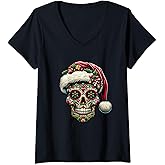 Christmas Sugar Skull Santa Hat Day Of The Dead Xmas Holiday V-Neck T-Shirt