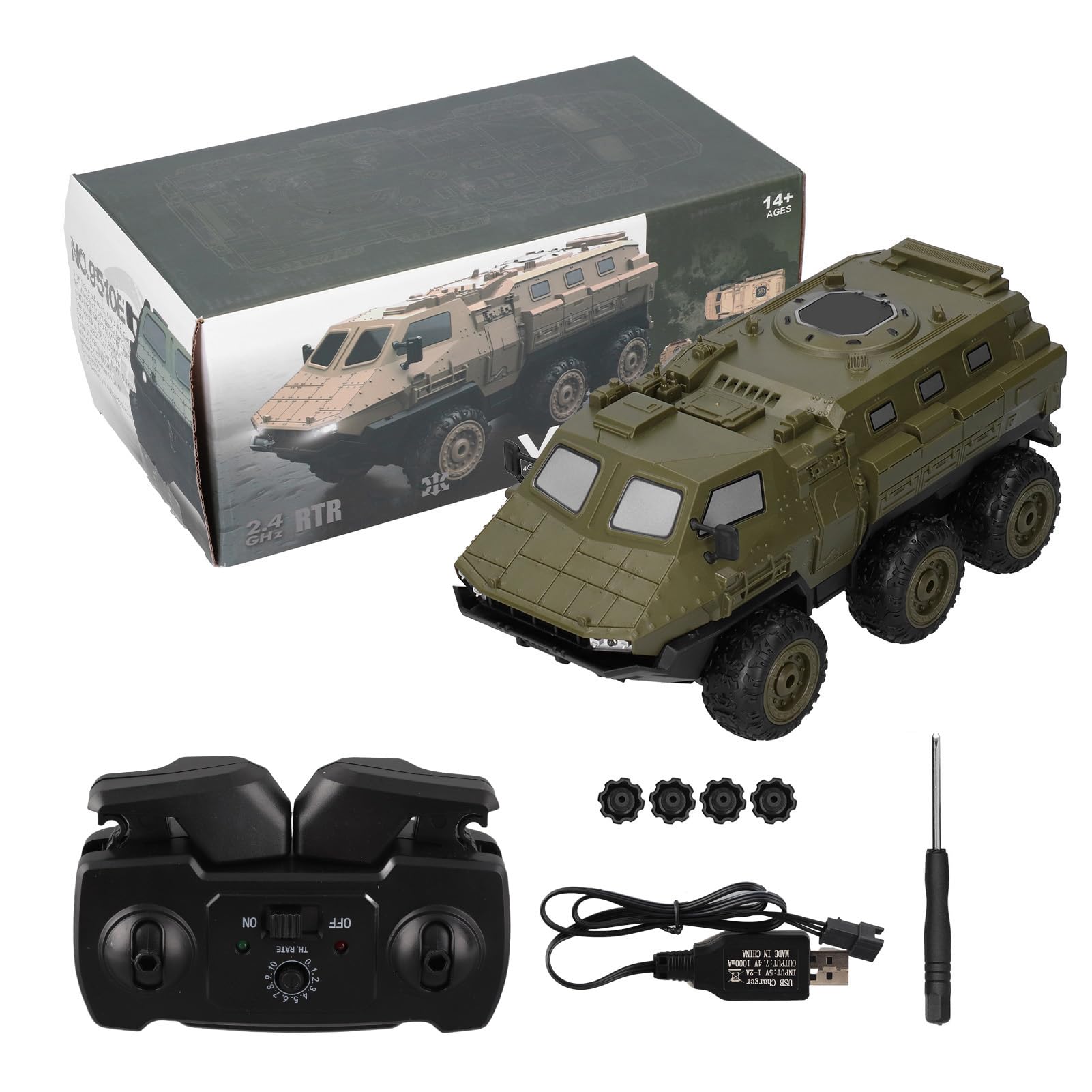 Drfeify RC Armored Truck, 2.4GHz 1/16 RC Military Truck 6WD Armored Vehicle RC Car For 14+ Age