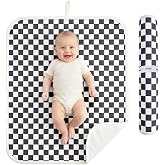 solTourne Absorbent Baby Changing Pad, 30" x 24", Black &amp; White Checkered | Absorbent cotton diaper changing pad with waterproof EVA backing folds to 8" x 2" with a storage strap for travel