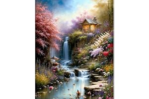 askkqtx Landscape Paint by Number for Adults Canvas,Cabin Paint by Numbers for Adults Beginner,Waterfall Acrylic Watercolor Paint by Number,DIY Oil Painting for Home Wall Decor Gifts (16 x 20inch).