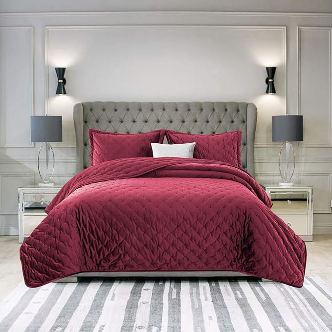 Aspire Homeware Crushed Velvet Kingsize Bedding Burgundy Quilted