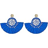 Viva Joya Boho Raffia Summer Beach Earrings for Women, Large Statement Dangle Drop, Lightweight Handmade Woven Fan Tassel Jewelry