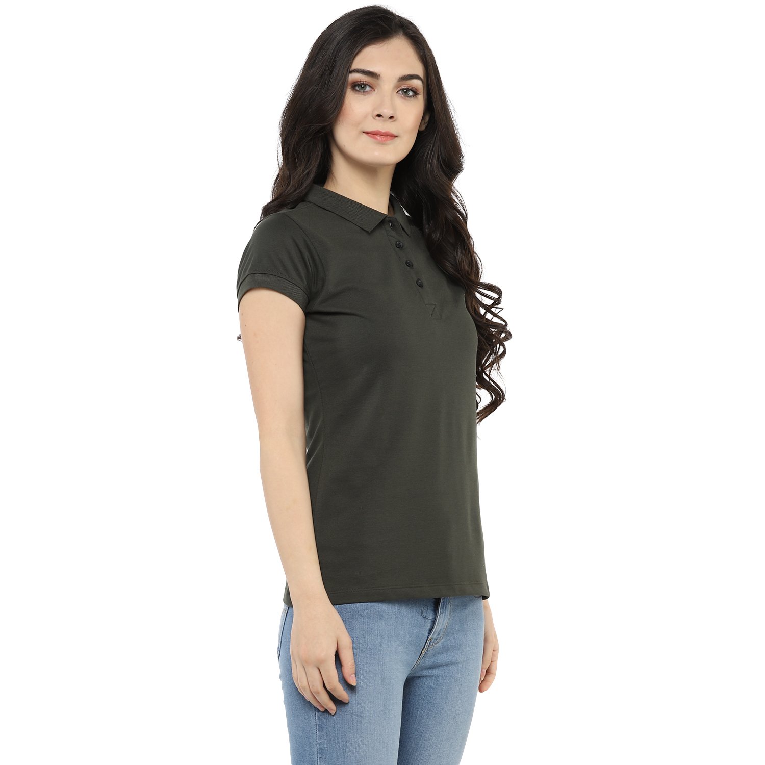 modeve women's solid polo t-shirt (olive)